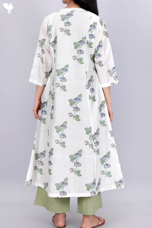 Cambric Cotton Kurta With Overlay Jacket and Pant In Floral Block Print