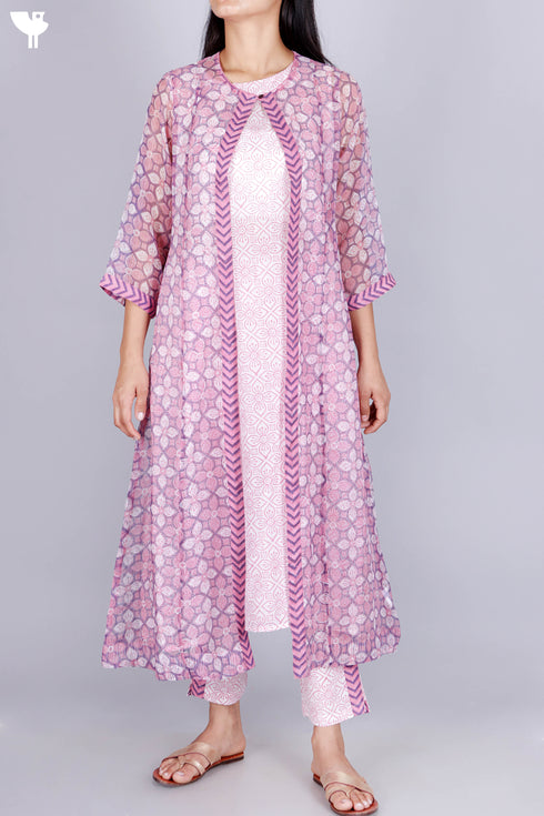 Cambric Cotton Kurta With Overlay Jacket and Pant In Floral Block Print