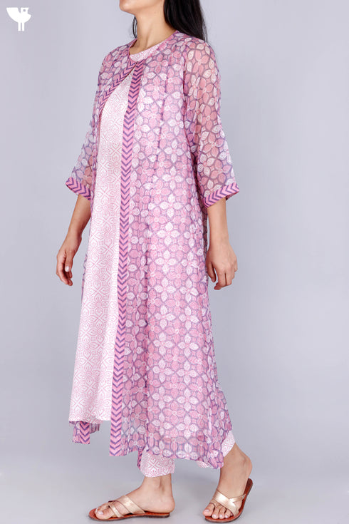 Cambric Cotton Kurta With Overlay Jacket and Pant In Floral Block Print