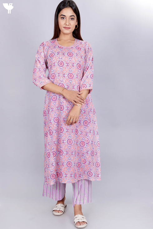 Cotton Kurta And Pant Set In Block Print
