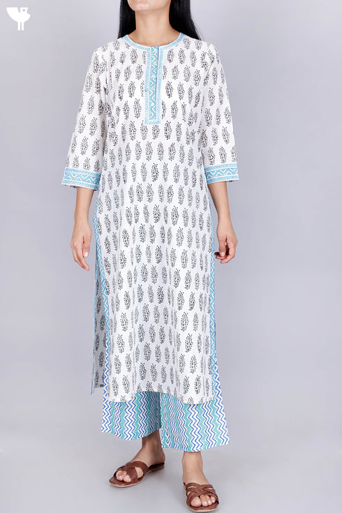 Slub Cotton Kurta And Pant Set With Kota Doria Dupatta In Block Print
