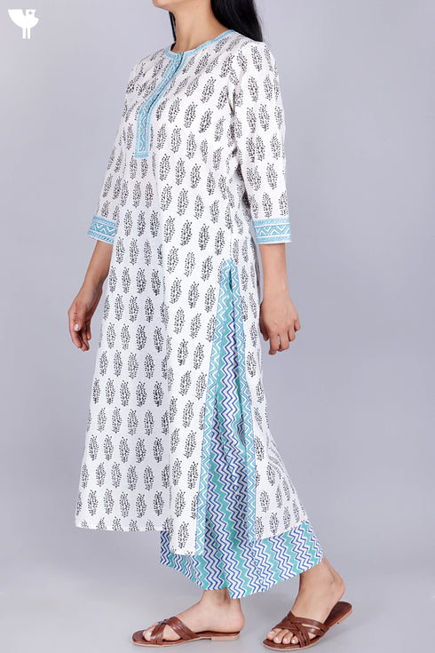 Slub Cotton Kurta And Pant Set With Kota Doria Dupatta In Block Print