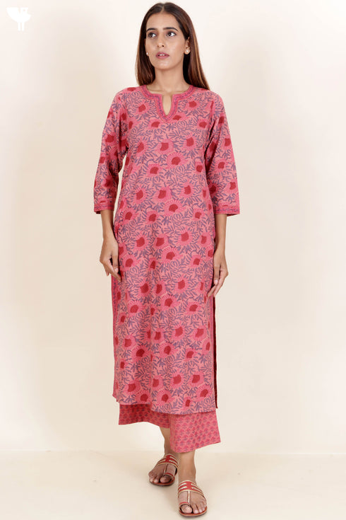 Cotton Kurta Pant And Dupatta Set In Floral Block Print