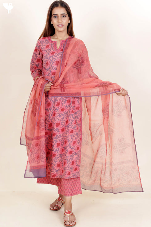 Cotton Kurta Pant And Dupatta Set In Floral Block Print