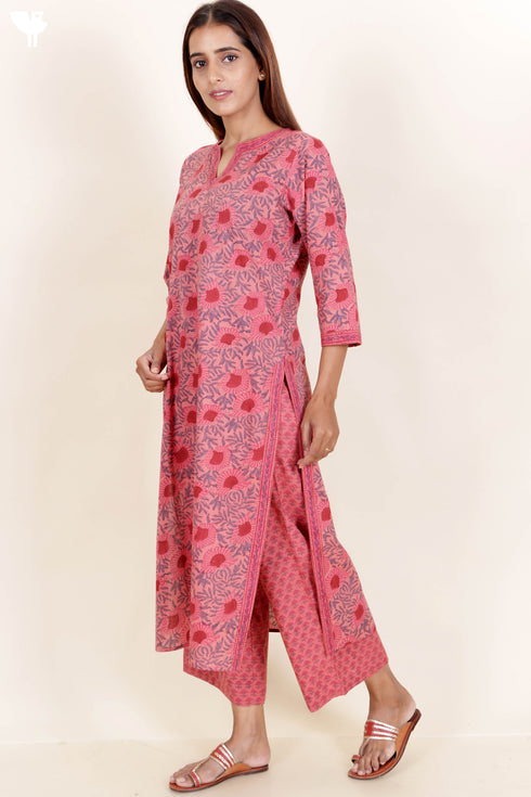 Cotton Kurta Pant And Dupatta Set In Floral Block Print