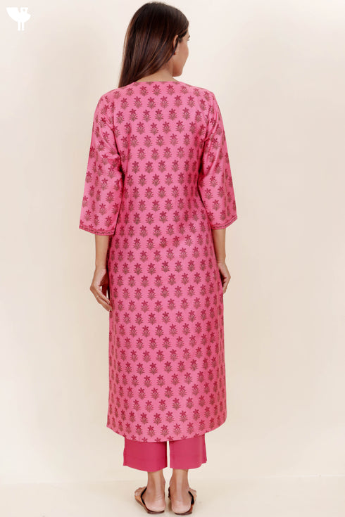 Tussar Cotton Kurta Pant And Dupatta Set In Floral Block Print
