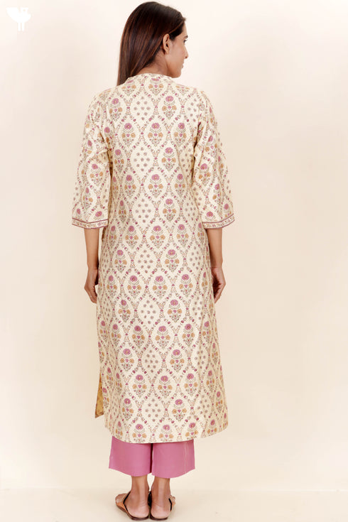 Tussar Cotton Kurta Pant And Dupatta Set In Floral Block Print