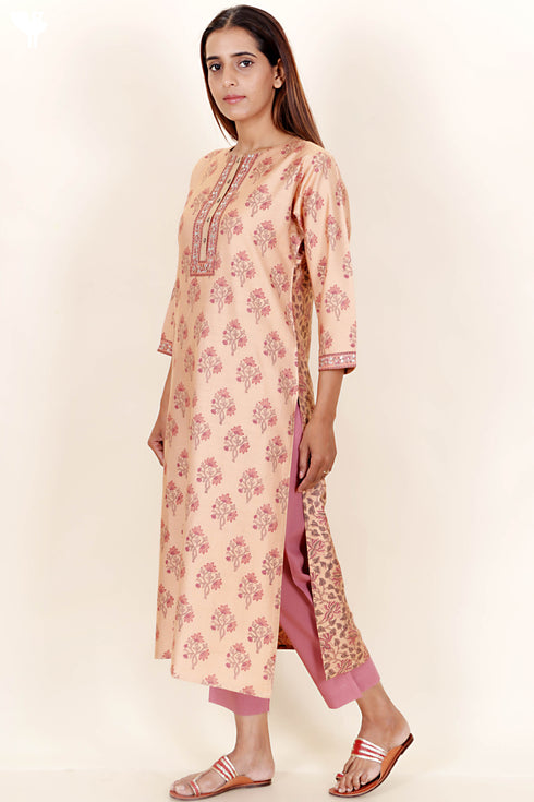 Tussar Cotton Kurta Pant And Dupatta Set In Floral Block Print