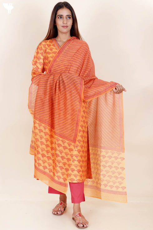 Tussar Cotton Kurta Pant And Dupatta Set In Floral Block Print