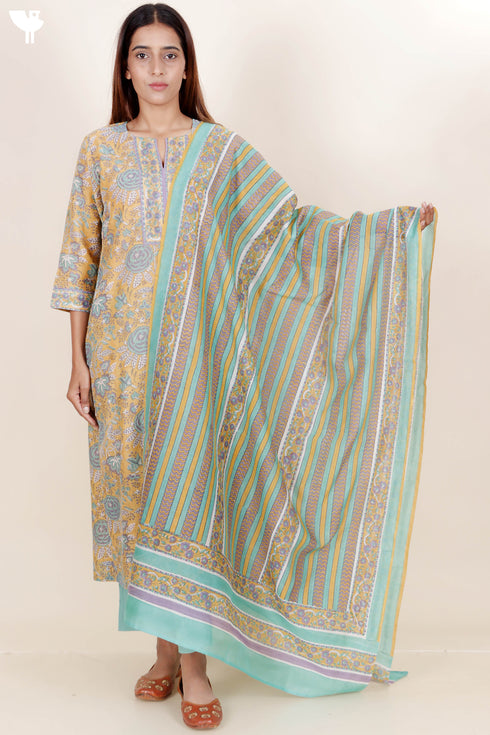 Chanderi Silk Kurta Dupatta Set In Floral Block Print