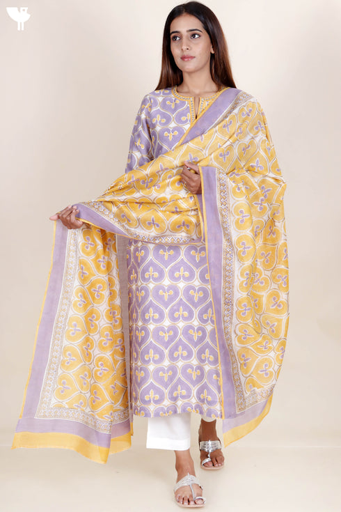Chanderi Silk Kurta Pant And Dupatta Set In Block Print