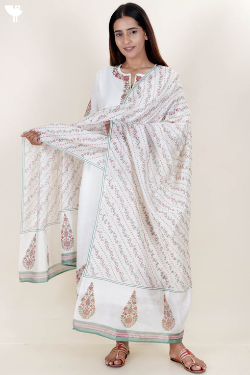 Chanderi Silk Kurta Pant And Dupatta Set With Block Print