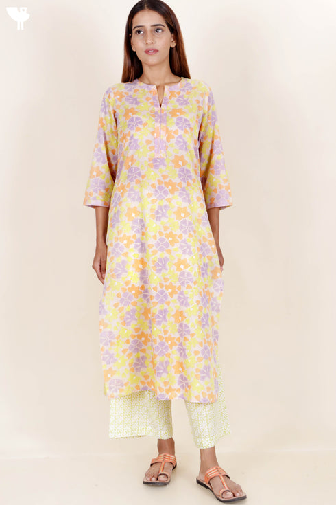 Cotton Kurta Kota Doria Dupatta And Pant Set In Floral Block Print
