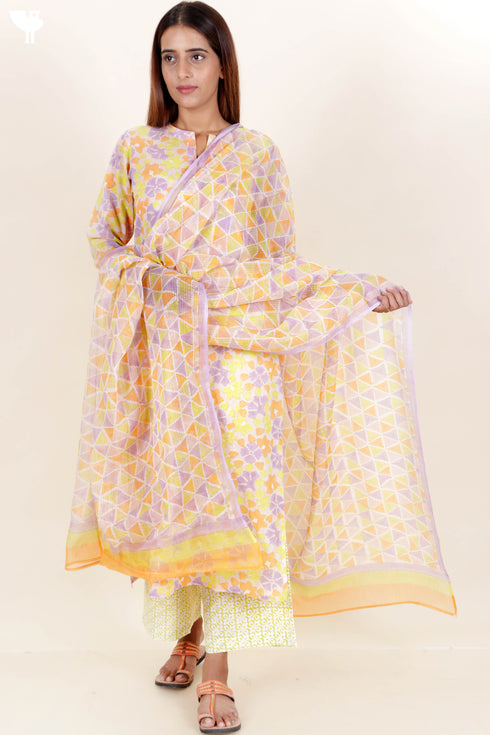 Cotton Kurta Kota Doria Dupatta And Pant Set In Floral Block Print