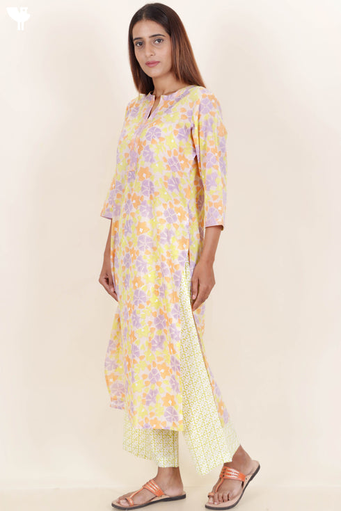 Cotton Kurta Kota Doria Dupatta And Pant Set In Floral Block Print