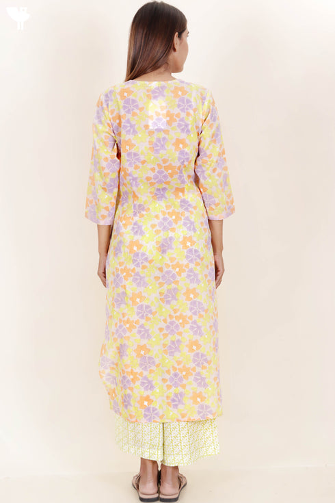 Cotton Kurta Kota Doria Dupatta And Pant Set In Floral Block Print