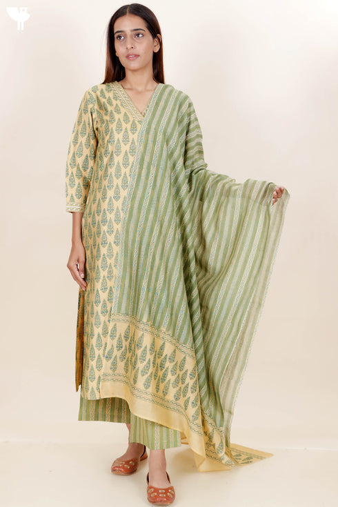 Tussar Cotton Kurta Pant And Dupatta Set In Floral Block Print