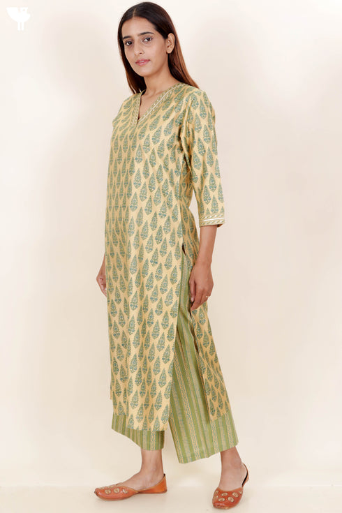 Tussar Cotton Kurta Pant And Dupatta Set In Floral Block Print