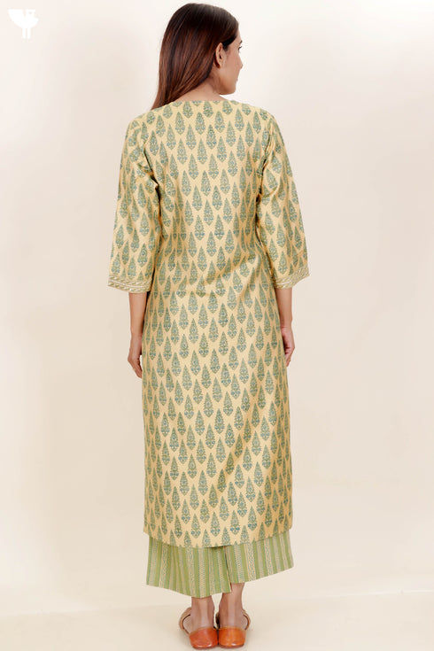 Tussar Cotton Kurta Pant And Dupatta Set In Floral Block Print