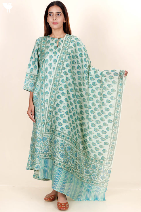 Tussar Cotton Kurta Pant And Dupatta Set In Floral Block Print
