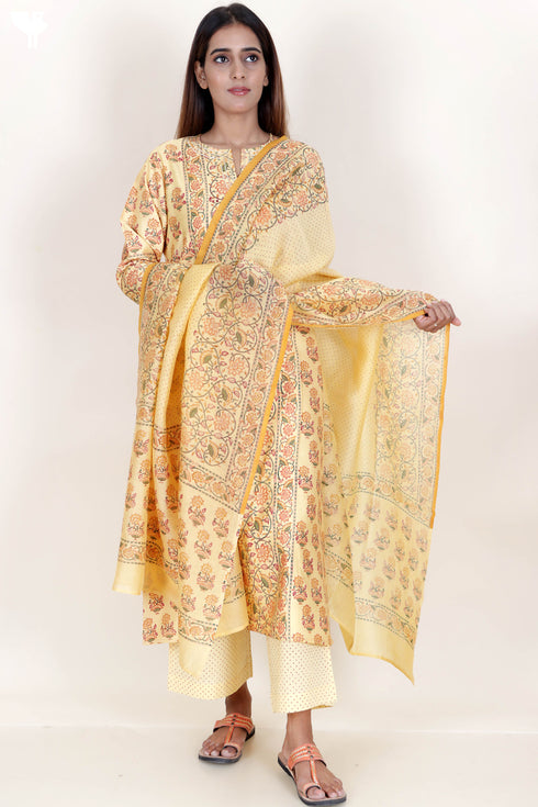 Tussar Cotton Kurta Pant And Dupatta Set In Floral Block Print