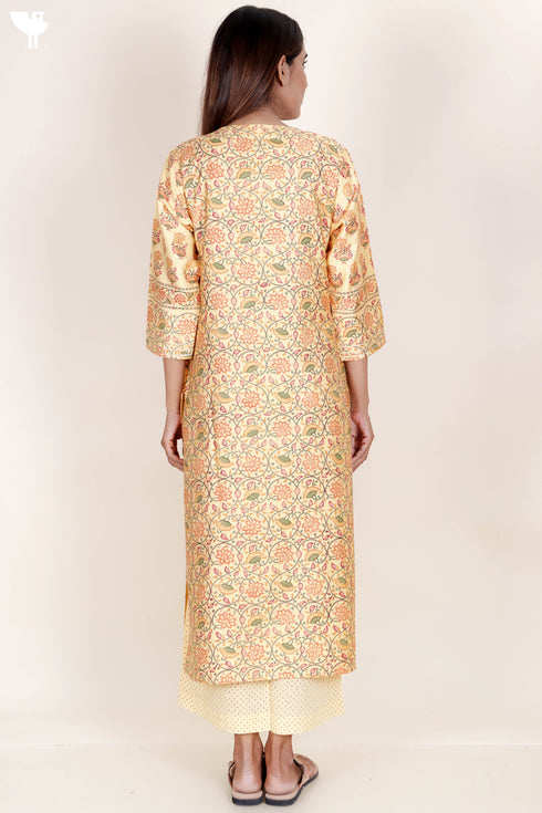 Tussar Cotton Kurta Pant And Dupatta Set In Floral Block Print