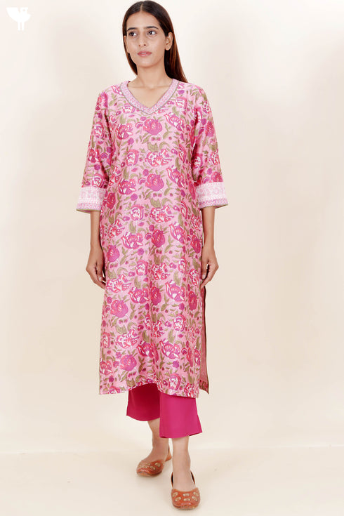 Chanderi Silk Kurta Pant And Dupatta Set In Floral Block Print