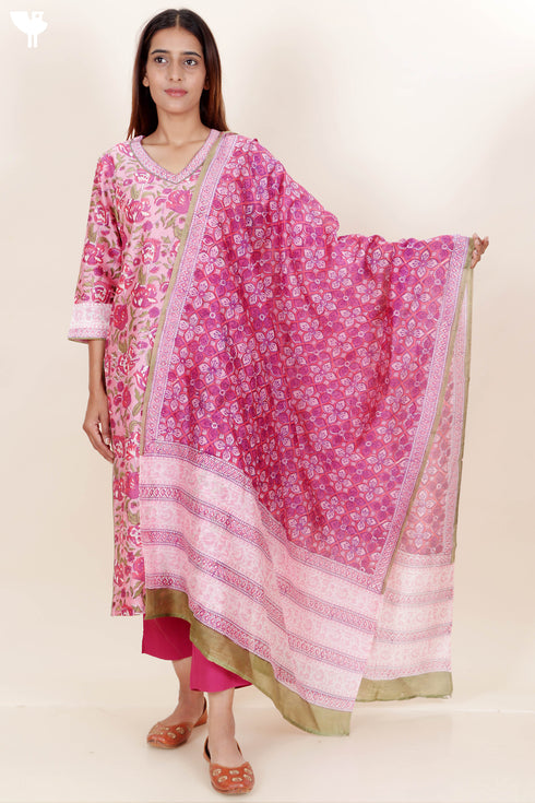 Chanderi Silk Kurta Pant And Dupatta Set In Floral Block Print