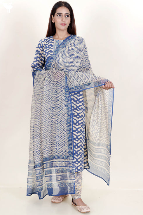 Terry Voile Kurta Pant And Dupatta Set In Block Print