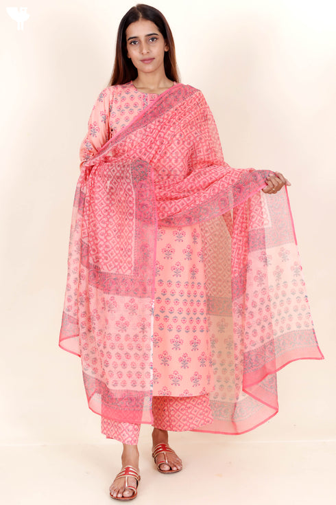 Bizzy Lizzy Kurta And Pant Set With Kota Dupatta In Block Print