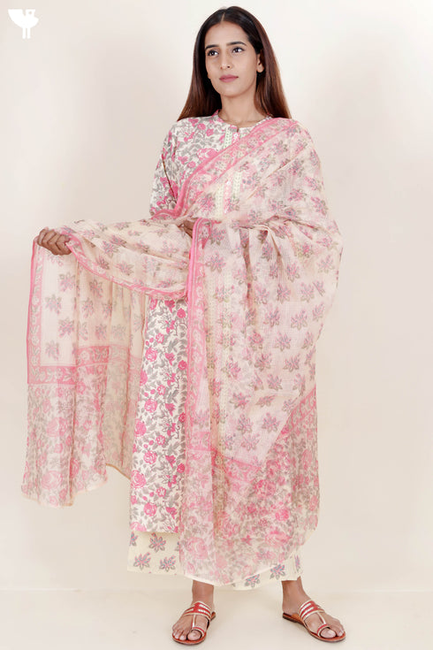 Bizzy Lizzy Kurta And Pant Set With Kota Dupatta In Block Print