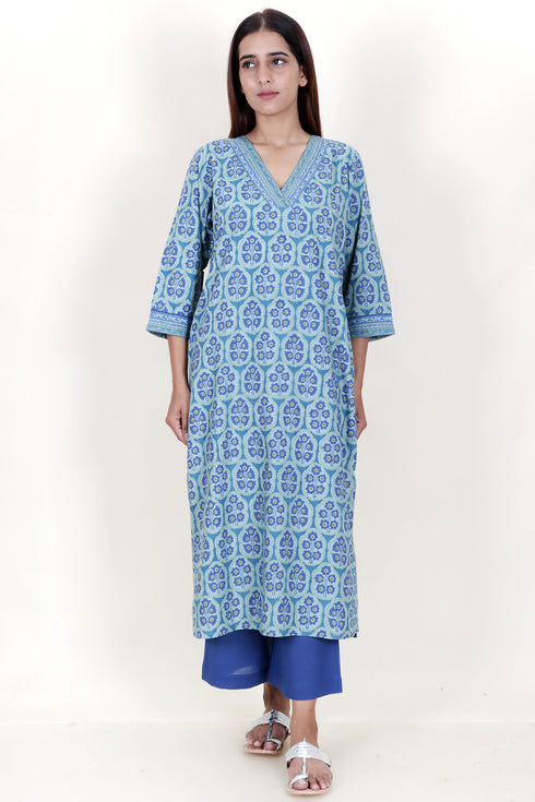 Bizzy Lizzy Kurta And Pant Set With Kota Doria Dupatta In Block Print