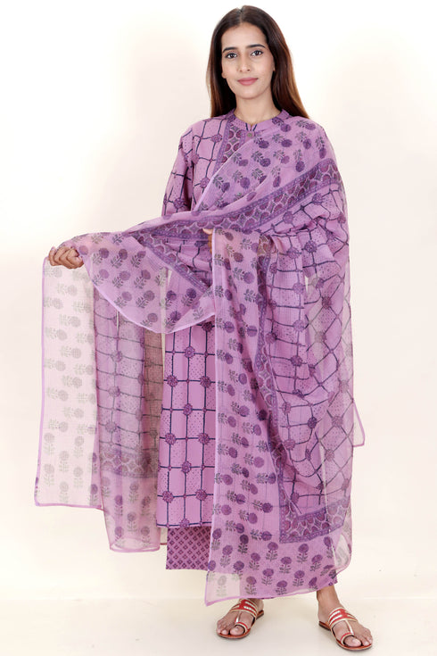 Bizzy Lizzy Kurta And Pant Set With Kota Dupatta In Block Print