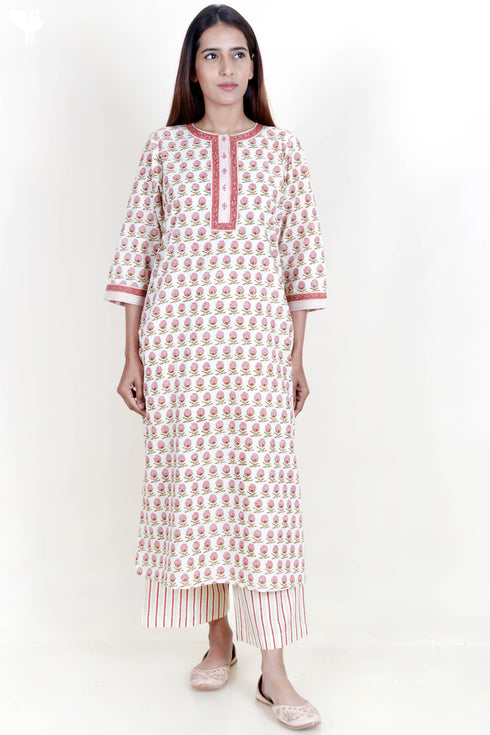 Cotton Kurta And Pant Set With Kota Dupatta In Block Print
