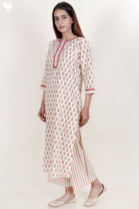 Cotton Kurta And Pant Set With Kota Dupatta In Block Print