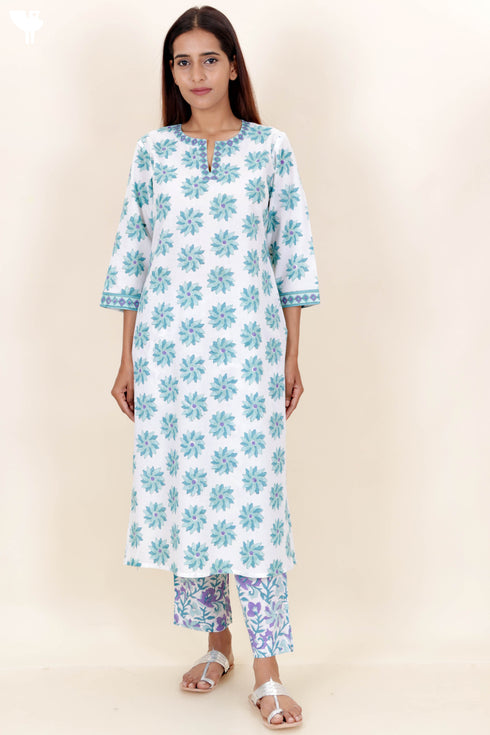 Cotton Kurta And Pant Set With Kota Dupatta In Block Print
