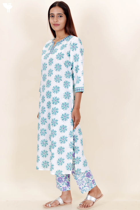 Cotton Kurta And Pant Set With Kota Dupatta In Block Print