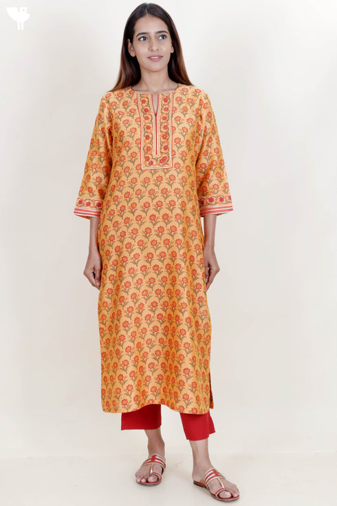 Chanderi Silk Kurta, Pant And Dupatta Set With Block Print