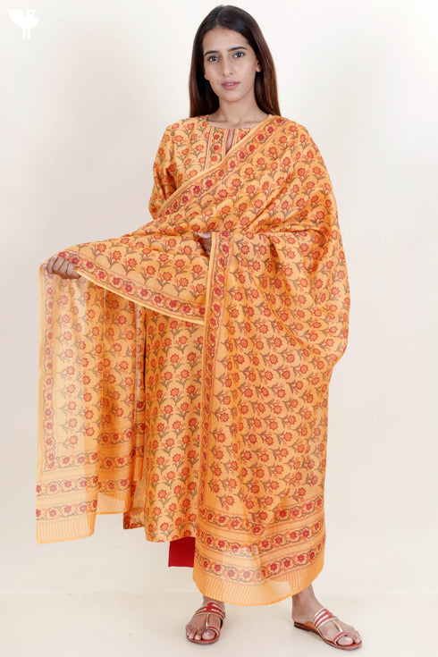 Chanderi Silk Kurta, Pant And Dupatta Set With Block Print