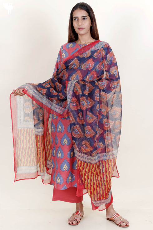 Terry Voile Kurta With Kota Dupatta And Pant In Block Print