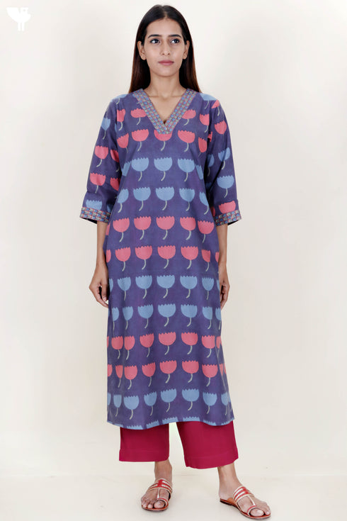 Terry Voile Kurta With Kota Dupatta And Pant In Block Print