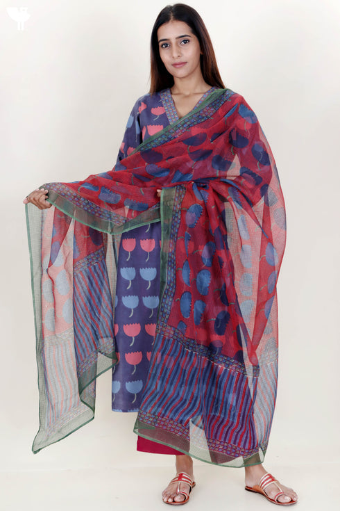 Terry Voile Kurta With Kota Dupatta And Pant In Block Print