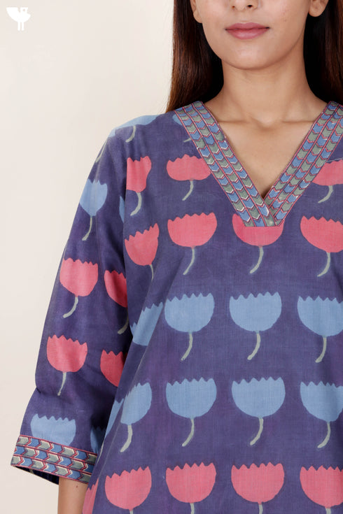 Terry Voile Kurta With Kota Dupatta And Pant In Block Print