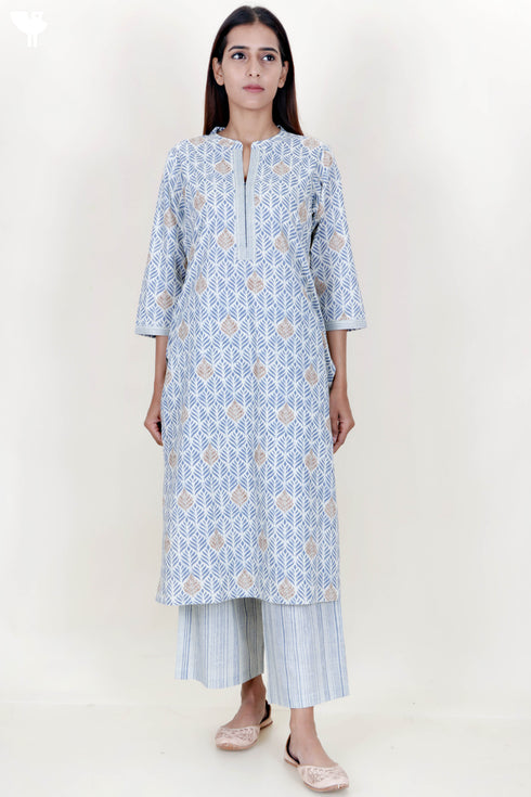 Cambric Cotton Kurta And Pant Set In Block Print