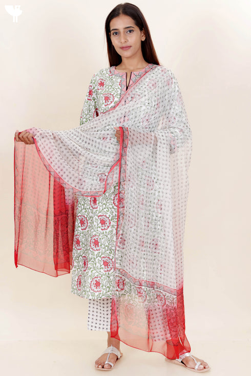 Bizzy Lizzy Cotton Kurta Pant Set With Chiffon Dupatta In Block Print