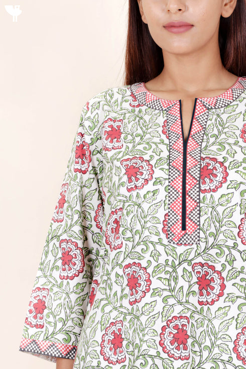 Bizzy Lizzy Cotton Kurta Pant Set With Chiffon Dupatta In Block Print