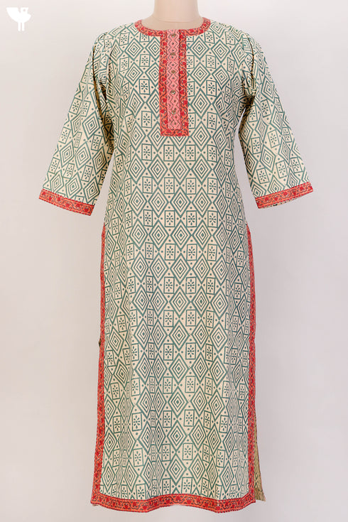 Terry Voile Kurta And Chiffon Dupatta Set In GeometricBlock Print