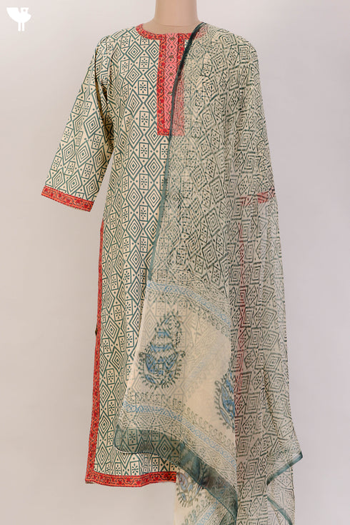 Terry Voile Kurta And Chiffon Dupatta Set In GeometricBlock Print