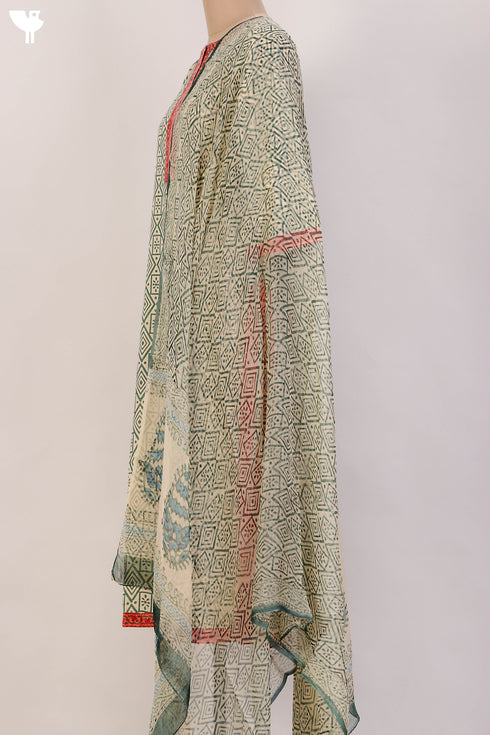 Terry Voile Kurta And Chiffon Dupatta Set In GeometricBlock Print
