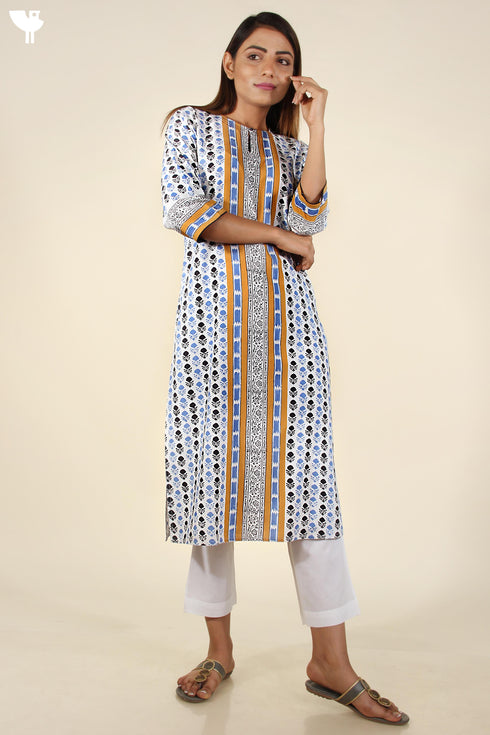 Bizzy Lizzy Kurta and Chiffon Dupatta In Cornflower Blue and Mustard Yellow Floral Block Print